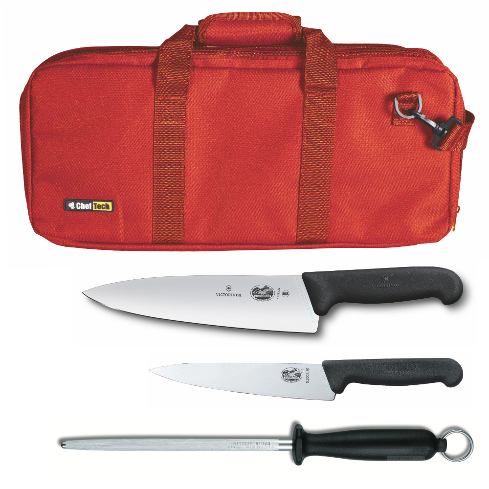 4pc Chef Starter Knife Set Red Bag Victorinox 15cm Cook 20cm Knives Steel Cheftech