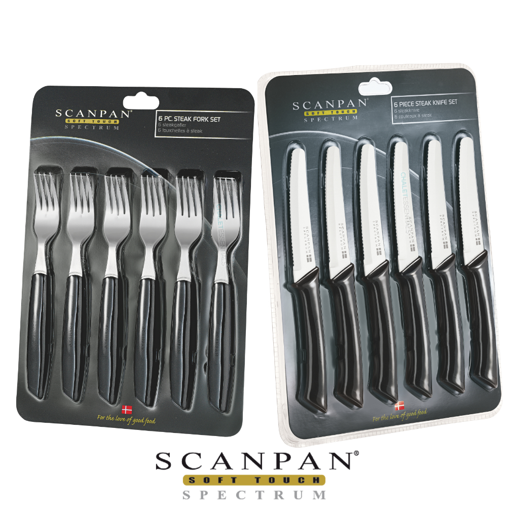 SCANPAN SPECTRUM 12 piece BLACK Serrated STEAK KNIVES & FORK Set 12pc