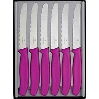 VICTORINOX STEAK KNIVES GIFT BOX SET OF 6 ROUND TIP PISTOL GRIP PINK SAVE !