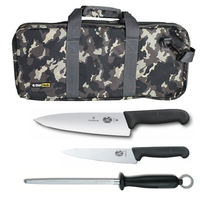 4pc Chef Starter Knife Set Camo Bag & Victorinox 15cm Cook & 20cm Knives & Steel
