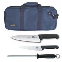 4pc Chef Starter Knife Set Blue Bag & Victorinox 15cm Cook & 20cm Knives & Steel 