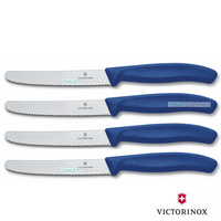 4 x VICTORINOX Steak Knives Knife Pistol Grip BLUE Round Tip Swiss FREE SHIPPING