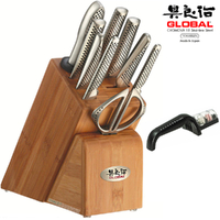 Global Takashi 10 Piece Knife Block Set + Global 2 Stage Black Sharpener 10pc Knives
