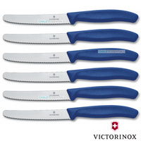 6 x VICTORINOX Steak Knives Knife Pistol Grip BLUE Round Tip Swiss FREE SHIPPING