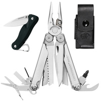 LEATHERMAN WAVE PLUS + STAINLESS MULTITOOL + LEATHER SHEATH + SKELETOOL KNIFE