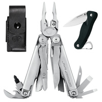 LEATHERMAN SURGE STAINLESS STEEL MULTITOOL + LEATHER SHEATH + CRATER C33 KNIFE