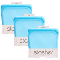 Stasher 3pc Sandwich Reusable Snack Bag Cook Freeze Store 3-In-1 | Blue 828ml