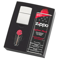 New ZIPPO HIGH POLISHED CHROME Lighter Gift Box Set With Fluids & Flints 
