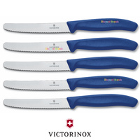 NEW 5 x VICTORINOX Steak Knives Pistol Grip BLUE Round Tip SWISS FREE SHIPPING
