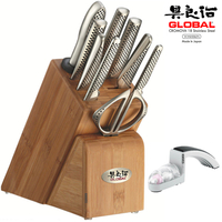 GLOBAL TAKASHI 10 Piece Kitchen Knife Block Set & MINOSHARP Knife Sharpener 10pc Japan