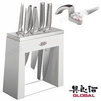 GLOBAL KABUTO SHIRO WHITE 7pc & MINO Sharpener Knife Block Set Japanese