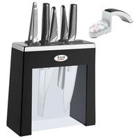  GLOBAL KABUTO BLACK 7pc & Bonus Sharpener Knife Block Set Japanese Knives