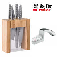 New GLOBAL TEIKOKU 5pc Knife Block Set + MINOSHARP Knife Sharpener Japanese Knives
