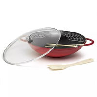 Staub Enamelled 37cm Cast Iron Wok w/ Rack Insert & Glass Lid Red