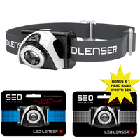 LED LENSER SEO5 HEAD TORCH 180 LUMENS HEADLAMP GREY + BONUS HEADBAND