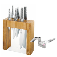 Global Ikasu 7pc Knife Block Set + Minosharp 2 Stage Sharpener