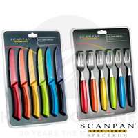 SCANPAN SPECTRUM 12PC SERRATED STEAK KNIFE + FORK SET 6 PIECE KNIFE COLOURED