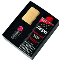NEW ZIPPO #204 BRUSHED BRASS LIGHTER WITH FLUIDS + FLINTS GIFT BOXED