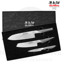 GLOBAL 3PC CHEFS KNIFE SET 9CM PARING 15CM VEGETABLE + 18CM SANTOKU 79644