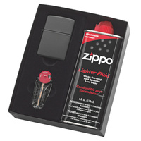NEW ZIPPO MATTE BLACK LIGHTER WITH FLUIDS + FLINTS GIFT BOX 