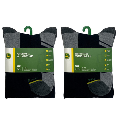 John Deere Mens Crew Performance Black Socks 2 x 6 Pack - Size 10-13