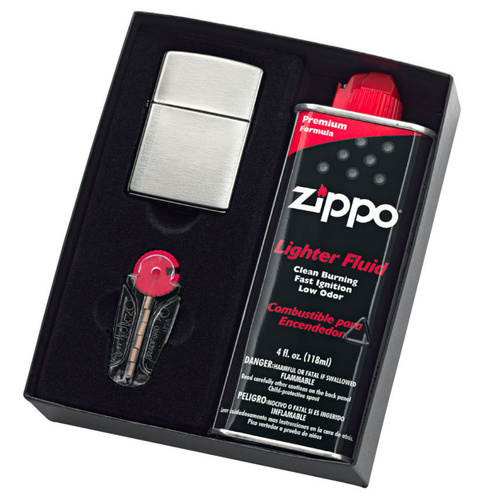 NEW ZIPPO BRUSHED CHROME W/SOR LIGHTER GIFT BOX W/ FLUIDS + FLINTS FREE POSTAGE 200 
