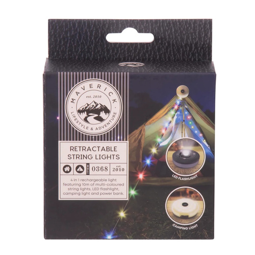 Maverick Retractable LED Rainbow String Lights 10m | USB-C Rechargeable