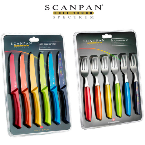 SCANPAN SPECTRUM 12 PIECE COLOURED SERRATED STEAK KNIFE & FORK SET 12PC KNIVES
