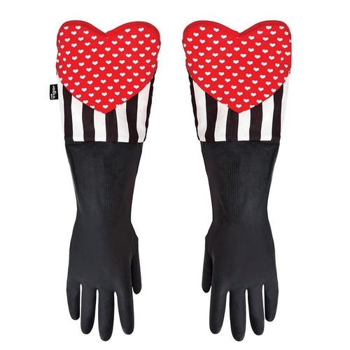 NEW VIGAR LULU GLOVES ROMANTIC WASHING GLOVES BLACK & WHITE W RED TRIM