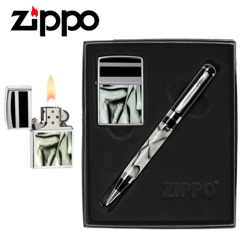 ZIPPO BLACK CHROME CLASSIC STYLE LIGHTER & PEN GIFT SET 24823