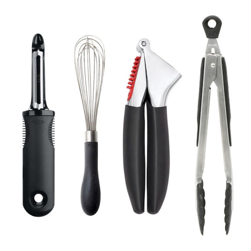 OXO Good Grips 4pc Kitchen Essential Tool Set 4 Piece | Peeler Whisk Tongs Garlic Press