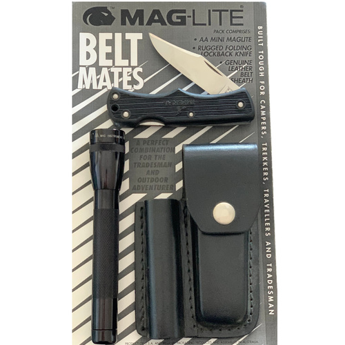 MAGLITE BELT MATES AA MINI FLASHLIGHT + SHRADE KINGLOCK KNIFE + BELT SHEATH
