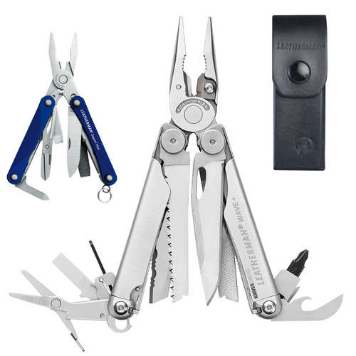 LEATHERMAN WAVE + PLUS STAINLESS MULTI-TOOL & LEATHER SHEATH & BLUE SQUIRT
