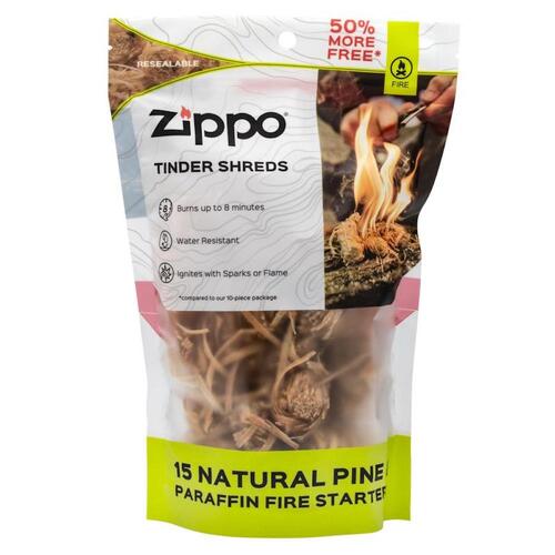 Zippo Tinder Shreds | 15 Natural Pine & Paraffin Fire Starters Outdoor Easy Spark