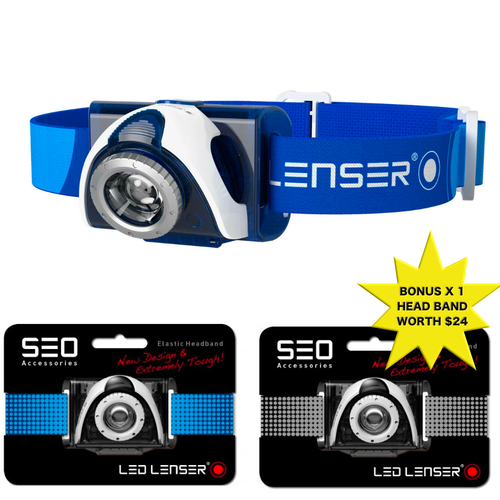 LED LENSER SEO 7R Headlamp 220 Lumens Head Torch BLUE & Bonus Headband