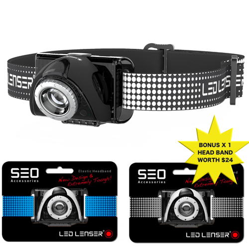 LED LENSER SEO 7R Headlamp 220 Lumens Head Torch BLACK & Bonus Headband