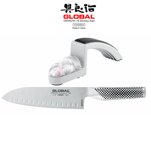 GLOBAL G-48 SANTOKU FLUTED BLADE 18CM KNIFE + MINSOSHARP 2PC STARTER SET 79625