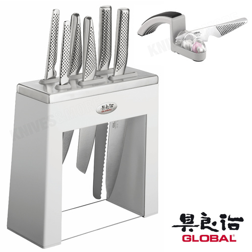 *GLOBAL KABUTO SHIRO WHITE 7PC & MINO SHARPENER KNIFE BLOCK SET JAPANESE 
