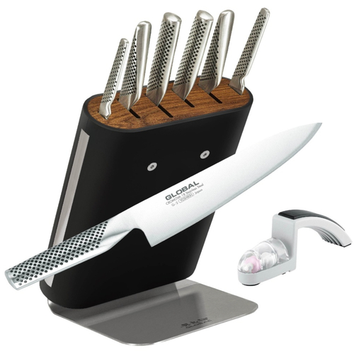 Global Knives 7pc Hiro Black Knife Block Set + Mino Sharpener