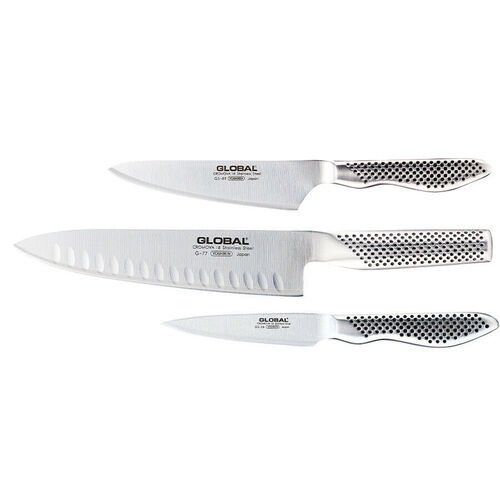 Global 3pc Kitchen Knife Set | 9cm Paring , 20cm Cooks Fluted , 13cm Cooks | 79630 