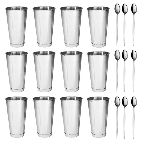 Trenton Stainless Steel Milkshake Cups 887ml + Soda Spoons Set of 12