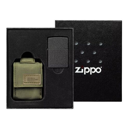 ZIPPO BLACK CRACKLE WINDPROOF LIGHTER + GREEN TACTICAL POUCH GIFT SET