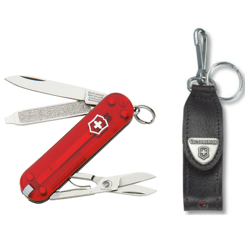 VICTORINOX SWISS ARMY KNIFE CLASSIC CYBER RED + LEATHER POUCH COMBO