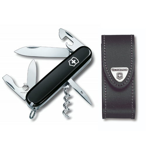 Victorinox Swiss Army Knife Spartan Black + Leather Pouch Bundle