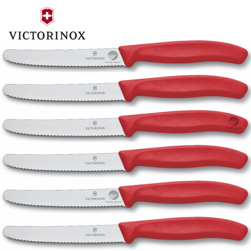 VICTORINOX STEAK KNIVES SET OF 6 ERGONOMIC SERRATED ROUND TIP RED COLOUR SAVE