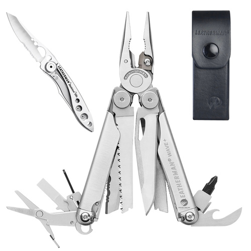 LEATHERMAN WAVE PLUS + STAINLESS MULTI TOOL + SHEATH NYLON OR LEATHER + SKELETOOL KNIFE [Sheath: Leather]