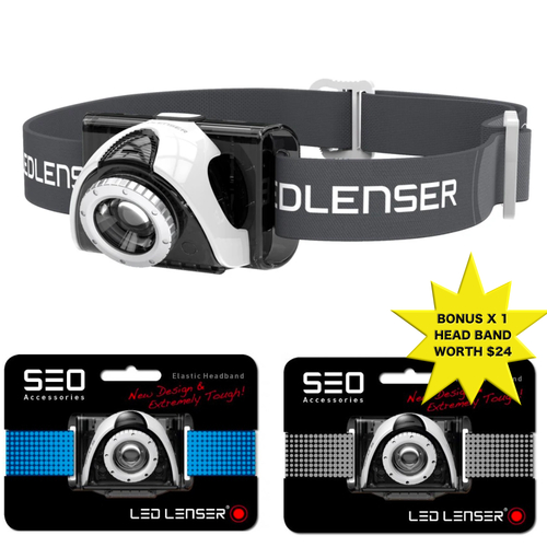 LED LENSER SEO5 HEAD TORCH 180 LUMENS HEADLAMP GREY + BONUS HEADBAND