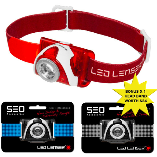 LED LENSER SEO5 HEAD TORCH 180 LUMENS HEADLAMP RED + BONUS HEADBAND