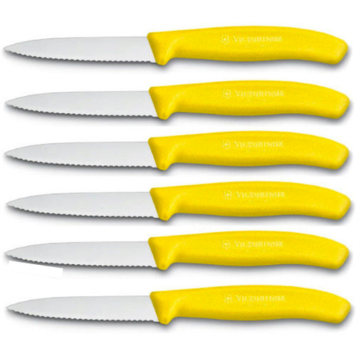 VICTORINOX PARING KNIFE SET X 6 SERRATED EDGE POINTED TIP YELLOW COLOUR 75664