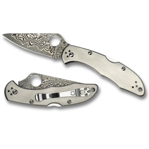 NEW SPYDERCO DELICA 4 TITANIUM DAMASCUS PLAIN BLADE FOLDING KNIFE 